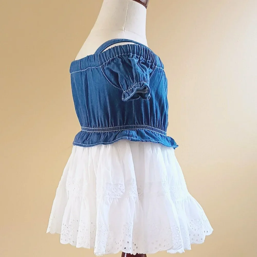 Calvin Klein Denim & Eyelet Peplum Dress 12M White Off Shoulder Peasant